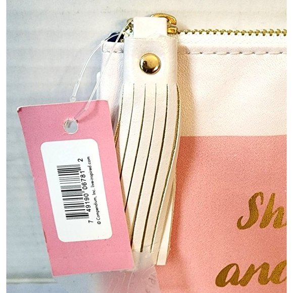 NEW Compendium Pink Cosmetic Pouch with Gold/White Tassle Zipper Pull and Quote - Picture 2 of 5